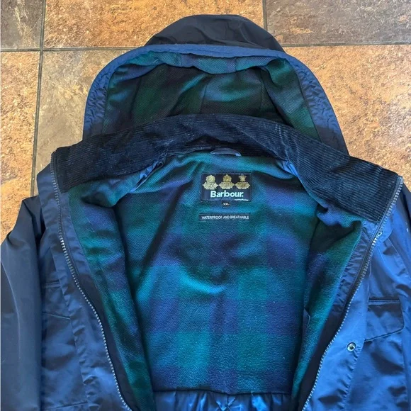 Barbour Dark Blue Jacket with Green Plaid Interior - Picture 2 of 3